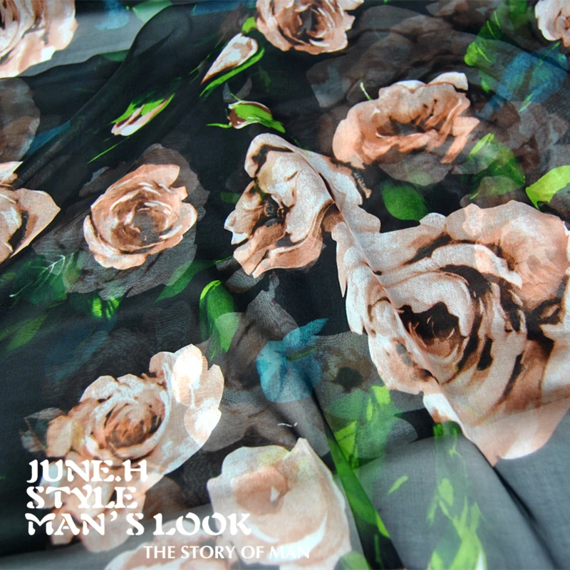 

Silk Chiffon Fabric Dress Black Roses width 100% Spring Summer Thin Through Dress Skirt 50cm