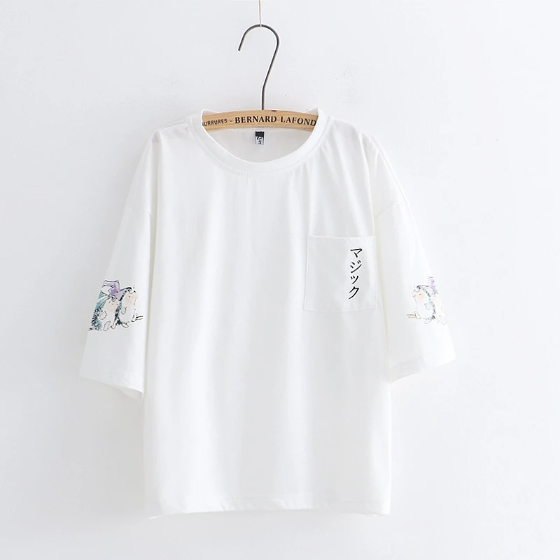Cartoon print single pocket loose t-shirt mori girl tee top summer 2018 gorl | Женская одежда