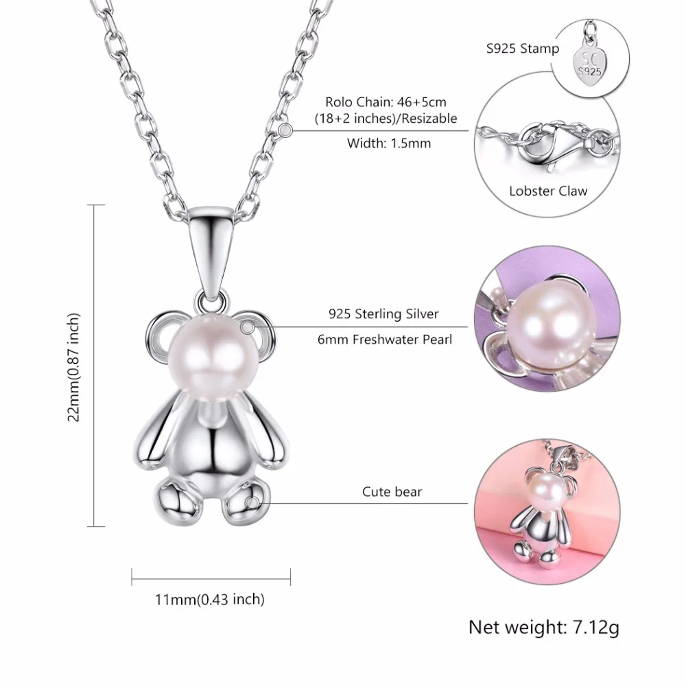 

Collare 100% 925 Sterling Silver Bear Pendant Girls' Dainty Animal Jewelry Valentine's Gift Freshwater Pearl Necklace Women P633