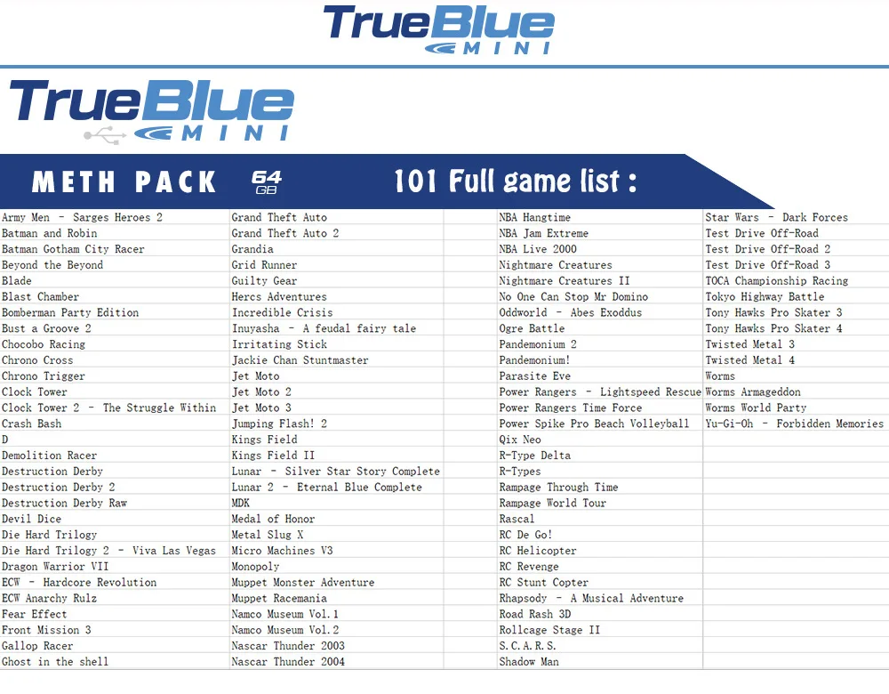 True blue mini Fight Pack 32 Гб с 58 играми/METH PACK 64 ГБ с 101 играми/CRACKHEAD PACK 64 ГБ с 101 играми для консоли ps1