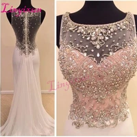 linyixun 2020 new vestido de festa bodice crystal beads sparkly prom dress sheer illusion sheath long formal evening dresses