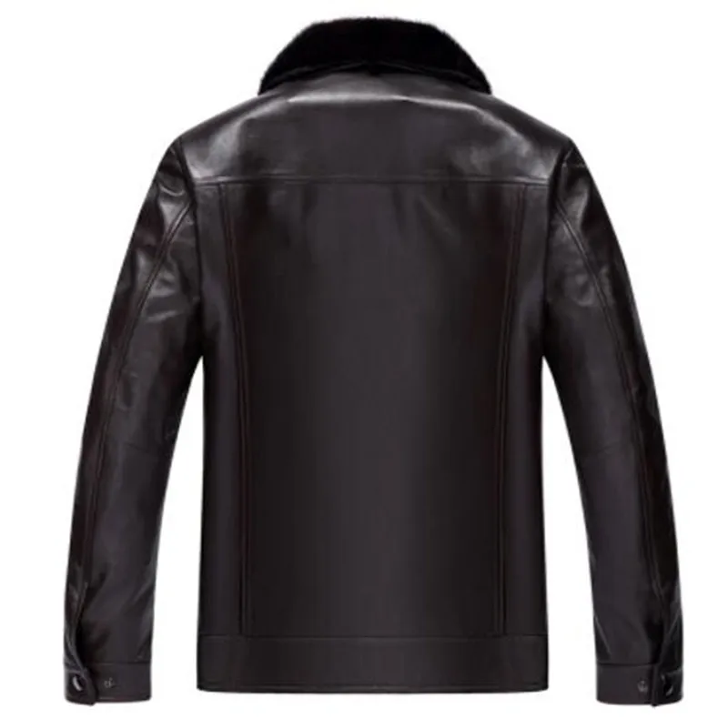 Мужской кожаный пуховик с меховым воротником черная Толстая куртка из