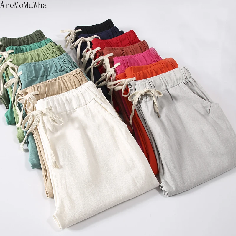 

AreMoMuWha 2019 Summer New Loose Cotton and Linen Pants Women's Breathable Was Thin Linen Nine Pants Casual Harem Pants MH404