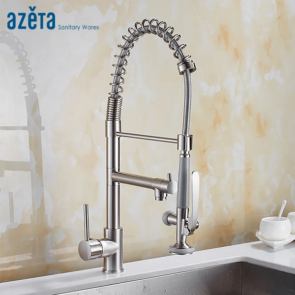 Azeta вытяжной кухонный кран с двойным распылителем матовый никель латунь