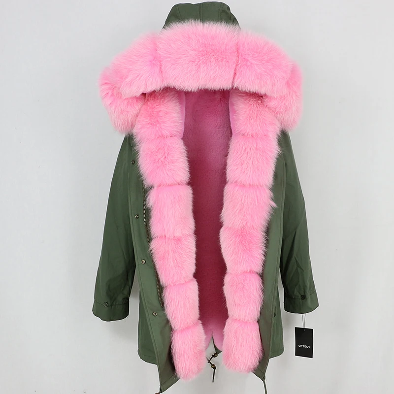 green pink OFTBUY, зимняя женская куртка, пальто из натурального меха, длинная парка, Воротник из натурального Лисьего меха, Толстая теплая брендовая Роскошная Съемная Повседневная Новинка - Цвет: green pink