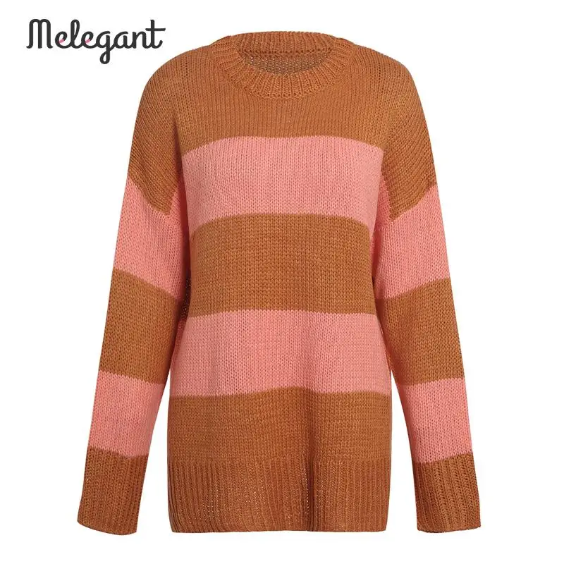 Melegant Stripe Patchwork Loose Casual Winter Sweater Women Knitted Knitwear Femme Sweaters Pullover Plus Size | Женская одежда