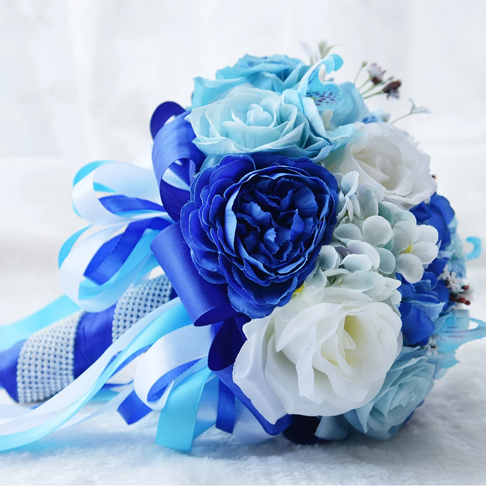 

New Arrival Blue Wedding Bouquet Women Handmade Elegant Artificial Flower Rose Gift Ribbon Bridal Bouquet for Wedding Decoration
