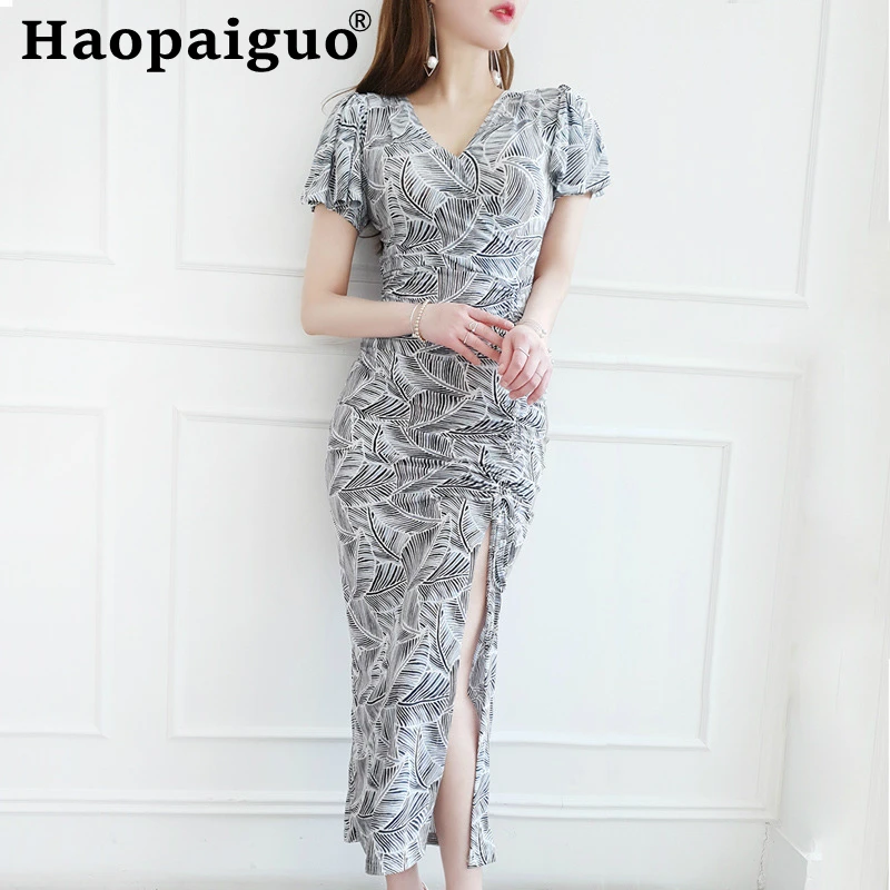 

Plus Size Print Leaves Midi Dress Women V-neck Short Sleeve Sheath Korean Dress Women High Split Streetwear Wrap Ladies Dresses