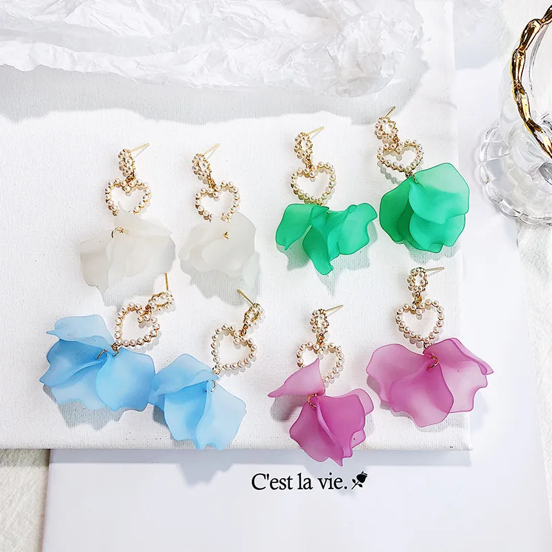 2019 корейские жемчужные лепестки цветка полое сердце длинные висячие серьги