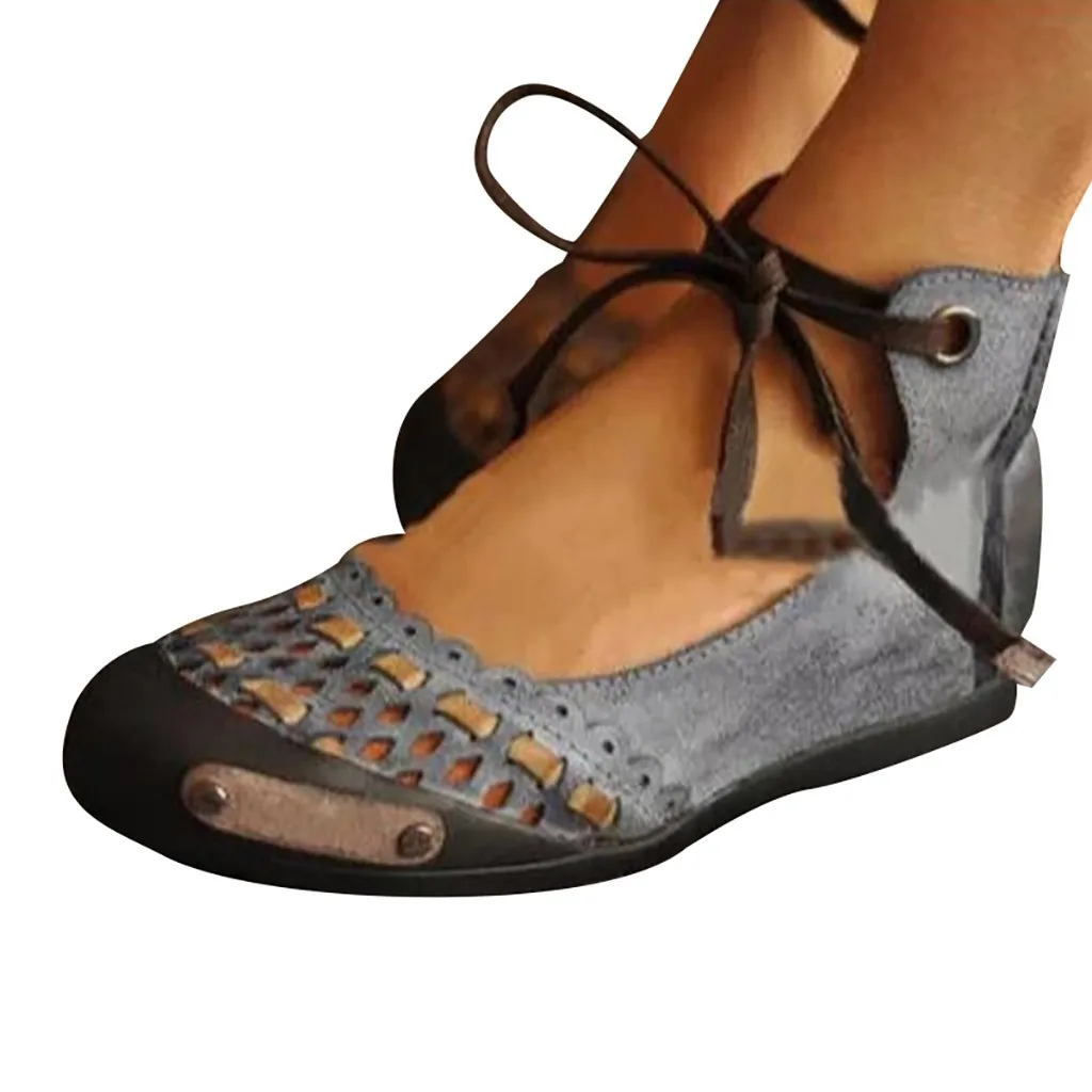 Женские сандалии с круглым носком ремешком на щиколотке в стиле ретро римском со