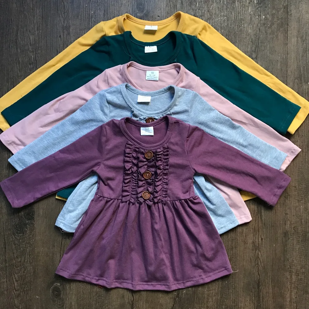 Spring/Winter baby girls children clothes cotton long sleeve dress multy solid color ruffle mustard pink boutique outfits | Детская