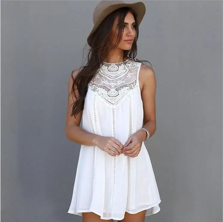 2016 женское летнее платье повседневное белое мини-платье без рукавов с круглым