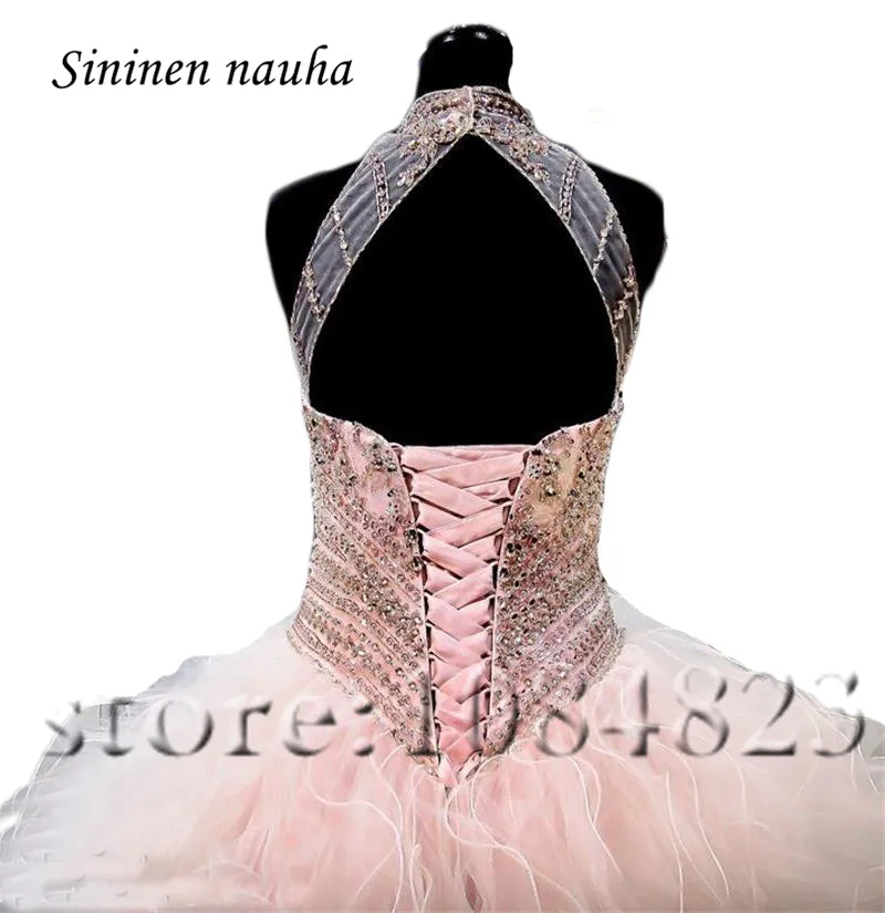 

Pink Quinceanera Dresses Prom Party Dress High Neck Backless Beaded Dance Ball Gown Vestidos De 15 Anos Sweet 16 Dresses 228