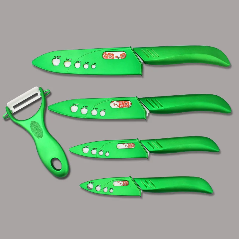 

FINDKING Beauty Gifts Zirconia green light kitchen Ceramic fruit Knife Set 3" 4" 5" 6" inch with Flower painted+ Peeler+Covers