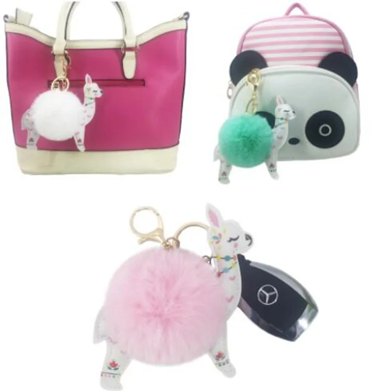 WKOUD Fluffy Fur Ball Cute Alpaca Keychain Leather Animal Keyring Chaveiros Artificial Rabbit Pompom Key Chain Women Jewelry | Украшения и