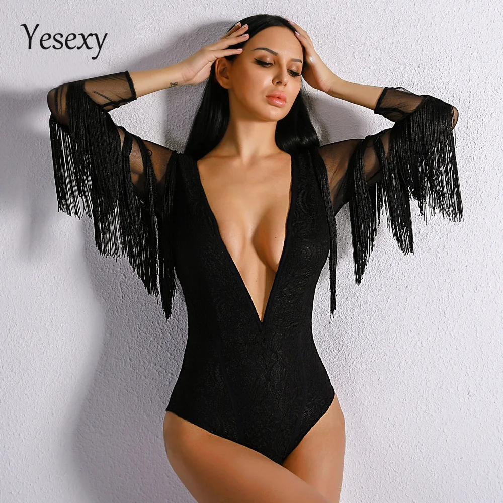 Yesexy, летний сексуальный глубокий v-образный вырез, Одноцветный женский боди с кисточками, комбинезон с длинным рукавом, комбинезоны VR8917