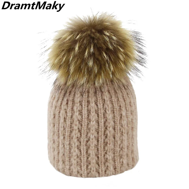 

Autumn Winter Outdoor Beanie With Real Fur Pompon For Women Men Thick Warm Wool Bonnet Hat Girls Solid Color Hat Soft Ski Caps