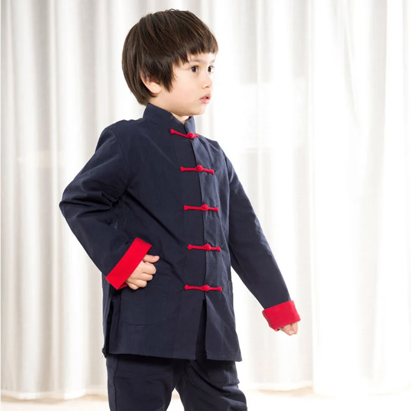 Navy Blue ActhInK Дети Весна Китайский Hanfu тонкое пальто для мальчиков со вставками льняная рубашка с длинным рукавом и цветами в стиле пэчворк для детей; производительность верхняя одежда, ZC026 - Цвет: Navy Blue