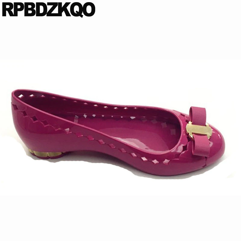 Women Dress Shoes Peach Peacock Flats Metal Drop Shipping Hollow Out Slip On Jelly Round Toe Bow Breathable Cute Patent Leather