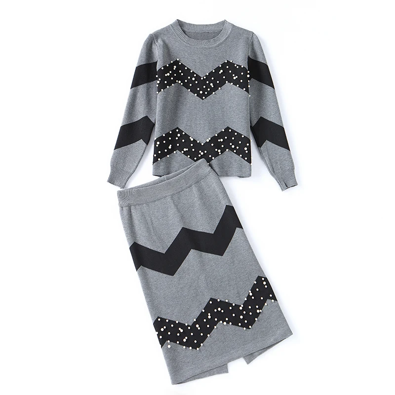 Весенний женский трикотажный костюм с юбкой элегантный дизайн пуловер