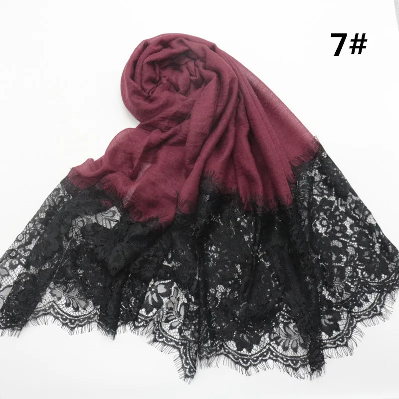 7 date red Красивый двухсторонний цветочный черный кружевной хлопковый однотонный шарф-хиджаб кашне, шаль-шарфы вечерние, свадебные мусульманские хиджабы Шарф 15 цветов - Цвет: 7 date red