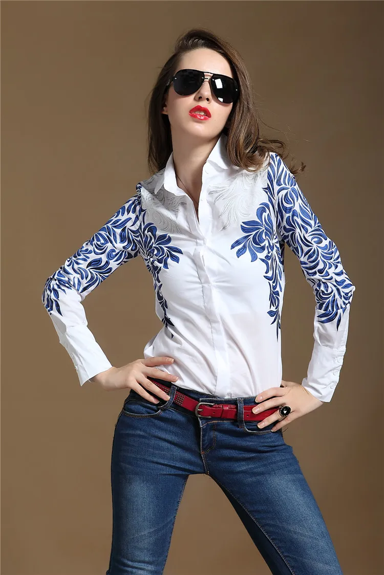 100% Оригинальные женские рубашки с голубым фарфоровым принтом Camisa топы в стиле
