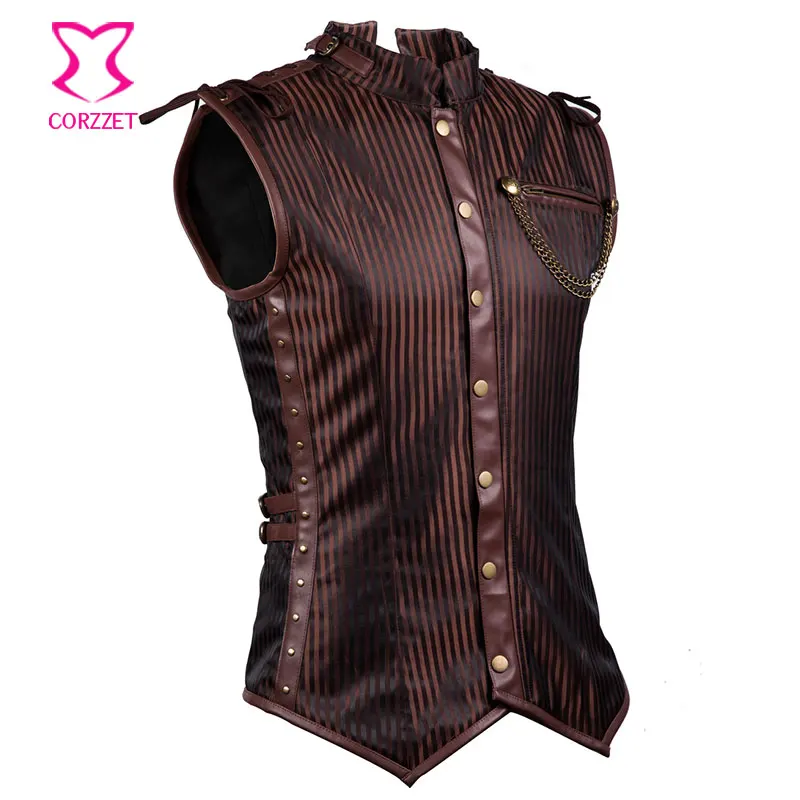 Коричневый полосатый воротник-стойка мужская куртка без рукавов винтажный