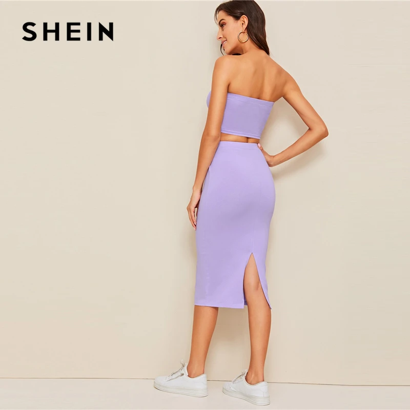 SHEIN комплект из топа бандо и юбки-карандаша с разрезом,, фиолетовый, однотонный, без бретелек, без рукавов, сексуальный летний облегающий комплект из двух предметов