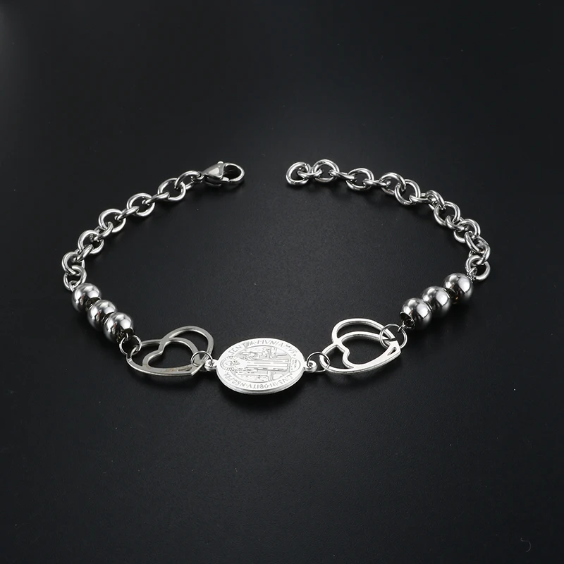 

Gold Plating Woman Female Bangles Bracelets with Hollow-out Double Heart Stainless Steel Chain Wristband Wedding Party Jewelry
