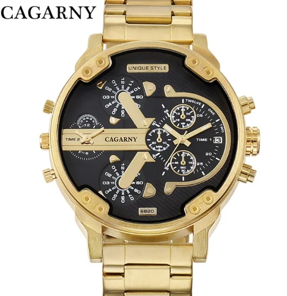 gold black Мужские часы с большим циферблатом, топ класса люкс, бренд Cagarny, мужские наручные кварцевые часы из нержавеющей стали, мужские часы Miltiary relogio masculino - Цвет: gold black