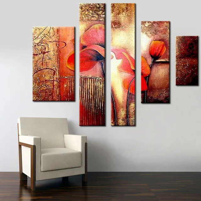 

Modern 5 Panel Texture Abstract Wall Art Decoration Red Flower Oil Paintings On Canvas Handmade Picture for Home Room Decor