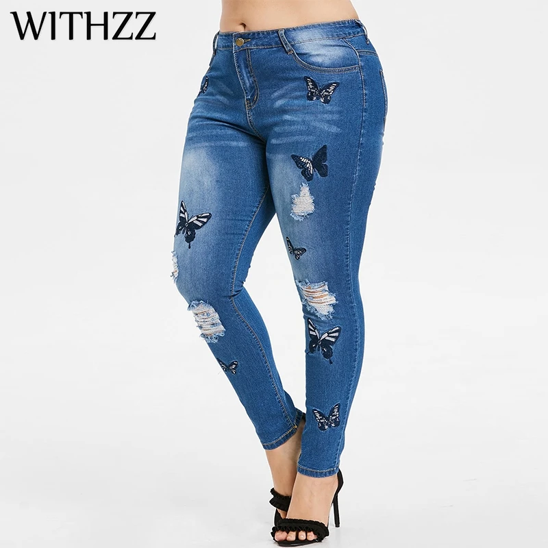 WITHZZ отверстие вышивка джинсы карандаш брюки Глория джинсы для женские бриджи комбинезоны винтажные женские рваные брюки