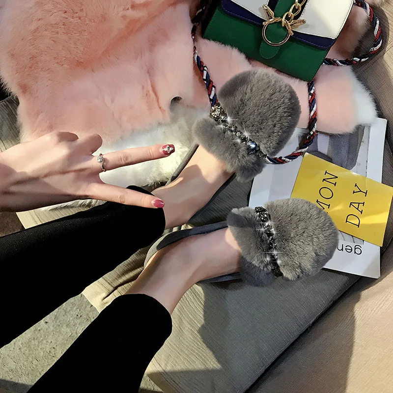 Ослепительные мокасины на плоской подошве из кроличьего меха женские зимние