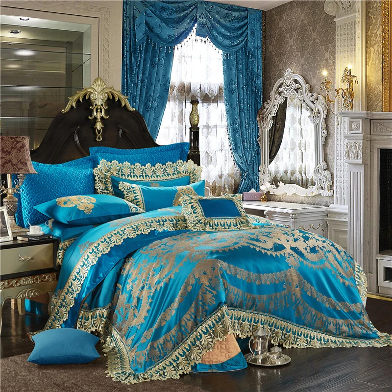 Preço 4/6/10 Pçs Do Laço Azul Oriental Luxo Conjunto De Capa Edredão Casamento Rainha Real Rei Tamanho Cama Conjunto Folha/conjunto Fronhas Fronhas Cases40