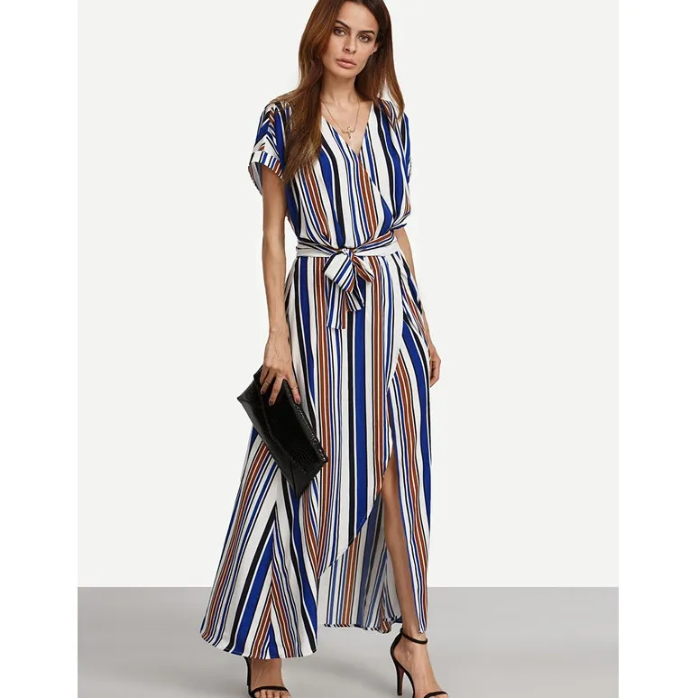 Женское платье в полоску с коротким рукавом и V-образным вырезом | Женская одежда