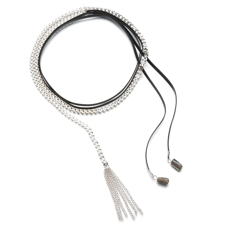 Многослойная модная цепочка золотого цвета подвеска с кисточкой черная кожаная