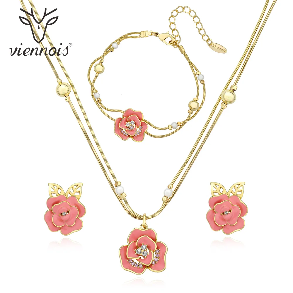 Viennois, розовое ожерелье, набор для женщин, роза, Чокеры золотой цвет, ожерелье s, горный хрусталь, кристалл, браслет, Свадебная вечеринка, ювелирное изделие
