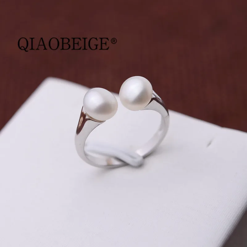 QIAOBEIGE модные и простые тонкие ювелирные изделия из стерлингового серебра 925 пробы Серебряное жемчужное кольцо для девочек два жемчуга установлен DIY аксессуар