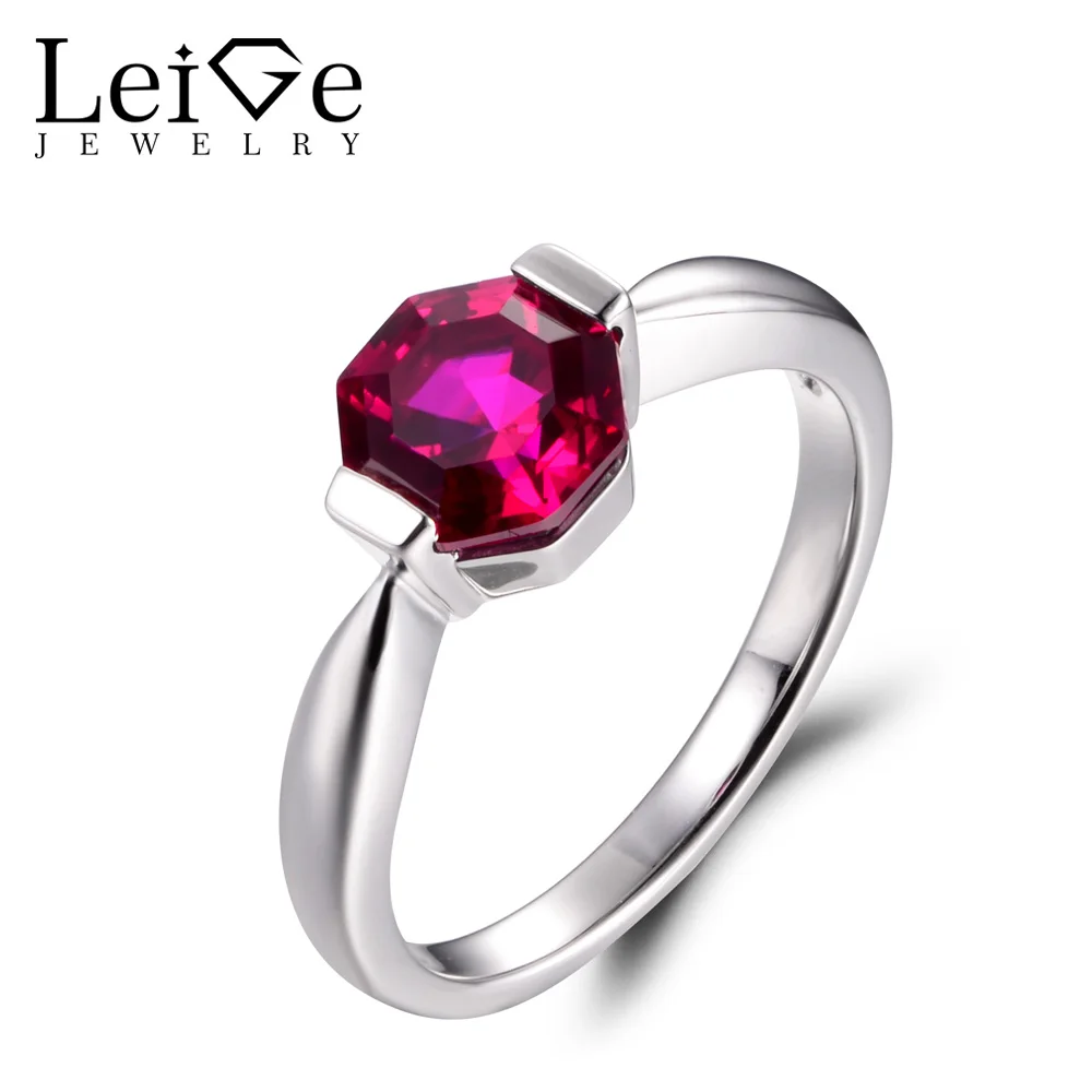 

Leige Jewelry Lab Created Red Ruby July Birthstone Octagon Cut Engagement Solitaire Rings For Woman 925 Sterling Silver