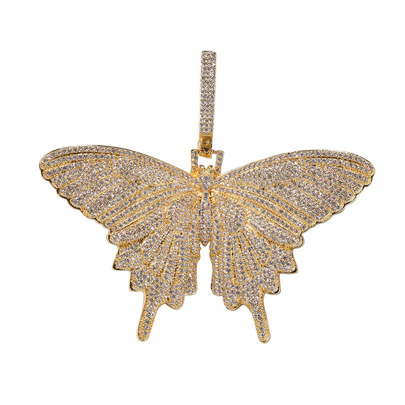 gold Хип хоп микро проложить AAA кубического циркония Bling льдом из животных Бабочка подвески ожерелья для мужчин рэппер ювелирные изделия золото серебро черный - Окраска металла: gold