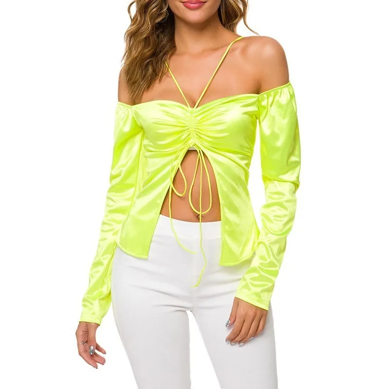 2019 Осенняя рубашка Женские Плиссированные Топы с длинным рукавом зеленого и