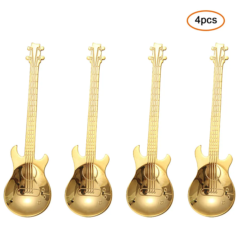 4pcs Gold 7 шт./4 шт. Гитарный комплект кофейных ложек из нержавеющей стали, десертная ложка для мороженого, чайные ложки, кофейные аксессуары, столовые приборы, питьевые инструменты - Цвет: 4pcs Gold