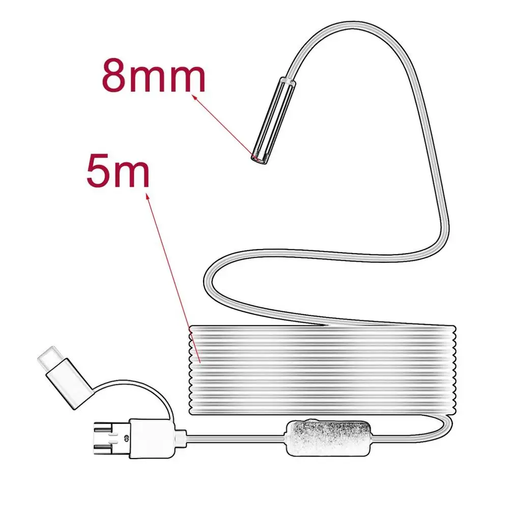 5m 8 мм микро Тип usb с портом типа c 3-в-1 компьютер эндоскоп бороскоп трубка Водонепроницаемый USB инспекции 1200P видео Камера для Android - Color: 5m