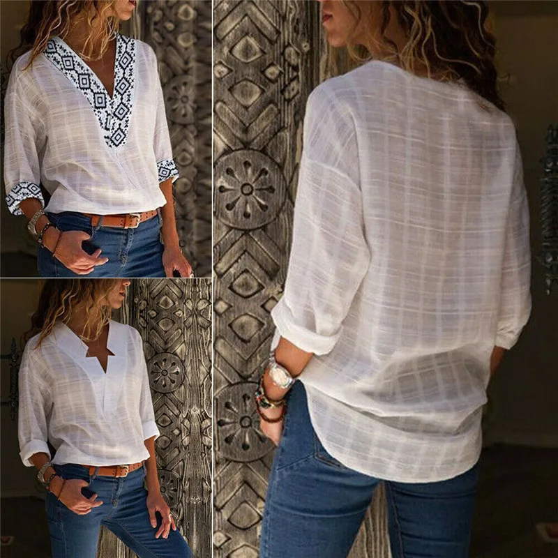 

Women Summer Casual Blouse 2019 Fashion Floral Print Baggy Tunic Top Shirt 3/4 Sleeve Vacation Daily Work V-Neck Blouse Female