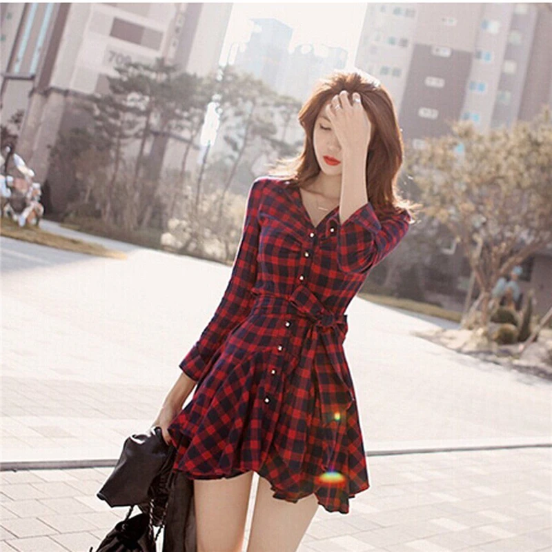 Модное платье женское клетчатое асимметричное рубашка повседневное мини с