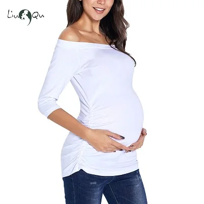 pic Womens Pregnancy Off Shoulder 3 Quarter Blouse Striped Top Maternity Clothes Slash Neck Pregnancy Womens Clothing ropa mujer - Цвет: pic