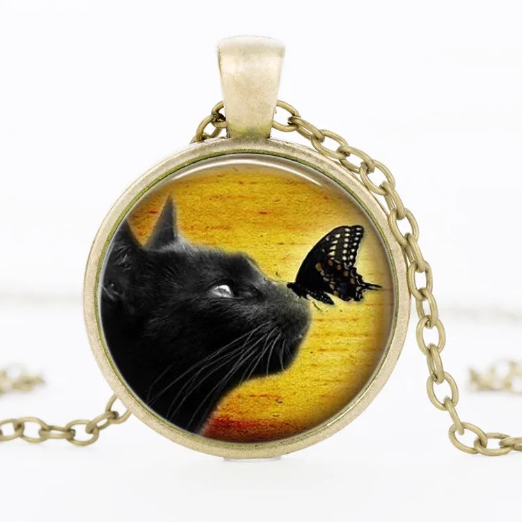 1pcs vintage black cat glass pendant necklace butterfly pendnat Art picture bestselling divination Jewelry | Украшения и
