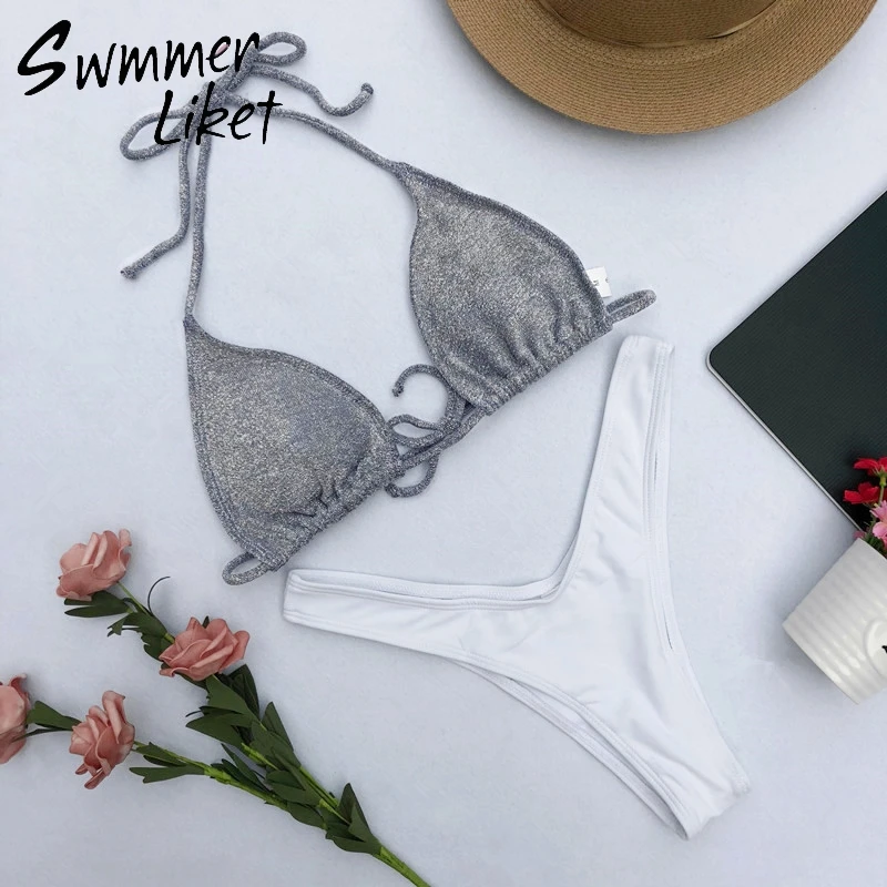 С Лямкой на шее купальный костюм с треугольными трусиками для женщин блеск