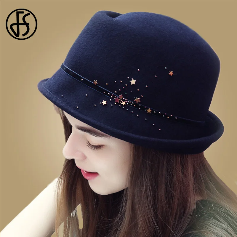 Navy Wool Hat FS женские осенне-зимние фетровые шляпы из шерсти, женские шляпы с широкими полполями в стиле джаз, винтажные шапки, коричневые, темно-синие, красные, черные - Цвет: Navy Wool Hat