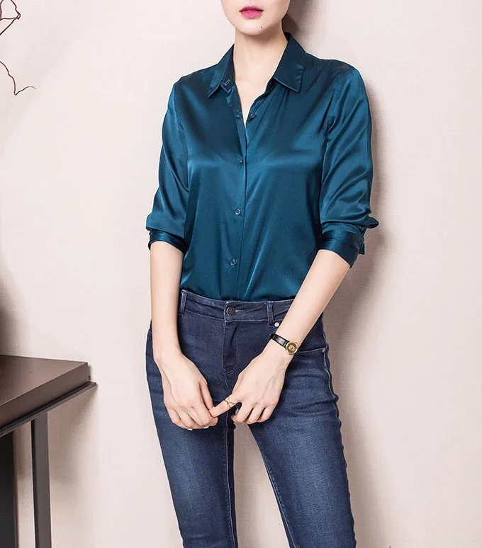 Женская атласная блузка с длинным рукавом и отложным воротником|silk satin blouse|satin silk